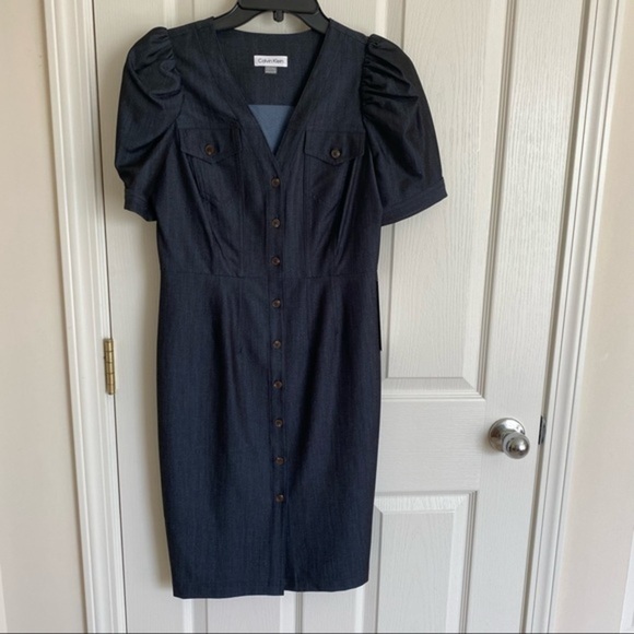 Calvin Klein Denim Puff-Sleeve Sheath Dress in Blue Size 6P - Picture 5 of 13